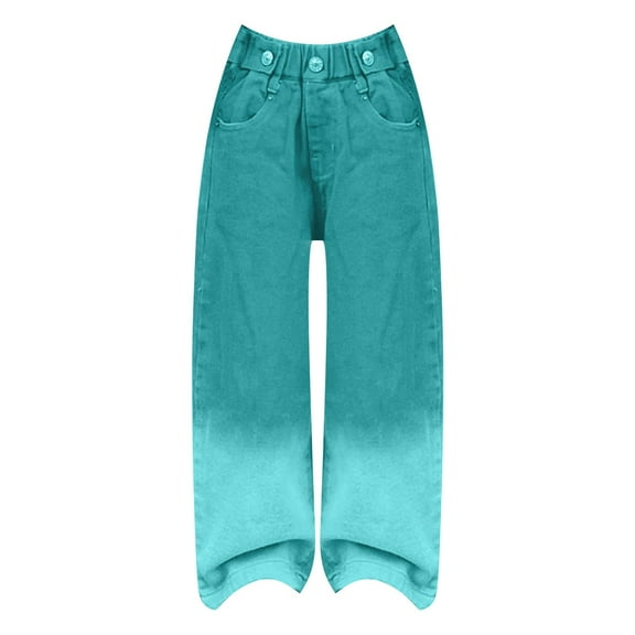 Generic Kids Clothes Casual Breathable Girls' Jeans Candy Colors High Rise Elastic Waist Wide Leg Washed Denim Pants with Pockets Teen Casual Kids