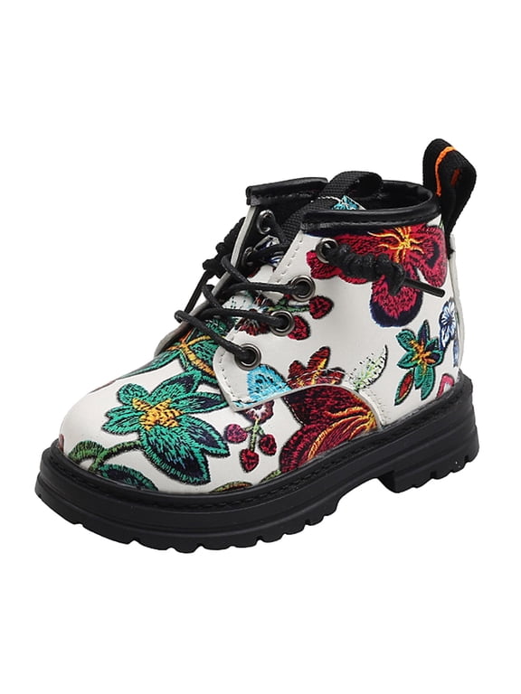 Clearance Shoes for Kids Girls Fashion Autumn Winter Children Boots Boys Girl Ankle Boots Thick Soled Non Slip Lace Up Flowers Casual Style Breathable Shoe (3-3.5 Years,White)