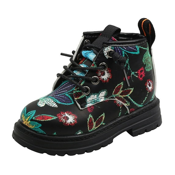 Generic Clearance Shoes for Kids Girls Fashion Autumn Winter Children Boots Boys Girl Ankle Boots Thick Soled Non Slip Lace Up Flowers Casual Style Breathable Shoe (15-18 Months,Black)