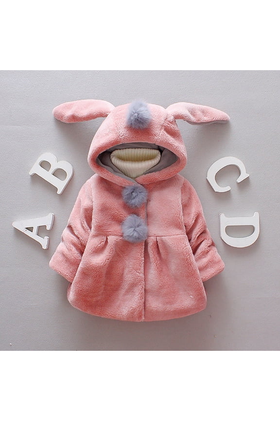 Clothing Clearance Kids Coat Trendy Travel Girls Winter Plush Long Sleeve Rabbit Ears Hooded Pure Colour Hairball Decoration Button Jacket Plush Coats (12-18 Months,Pink)