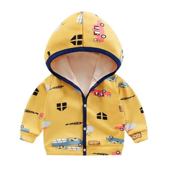 Generic Clothing Clearance Kids Jackets Trendy Travel Boys Girls Hooded Padded Long Sleeve Button Up Jacket Car Striped Polka Dot Pattern Tops for Casual Breathable (18-24 Months,Yellow)