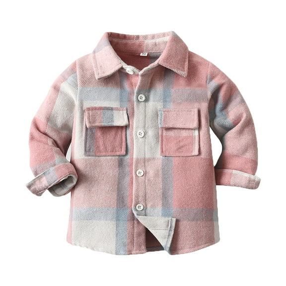 Generic Middle and Small Children's Spring Fall Casual Long Sleeved Milled Plaid Collar Shirt Jacket for Fashion Casual Breathable Clothing (5-6 Years,Pink)