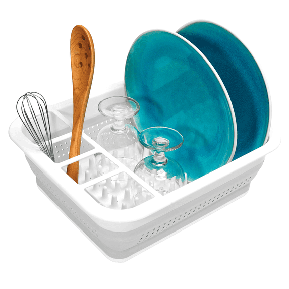 madesmart Collapsible Dish Rack, Foldable Dish Drying Station for Plates, Bowls, Cups & Utensils, Integrated Draining Board, Non Slip Base, Durable & Easy-Clean Kitchen Drying Organizer, White