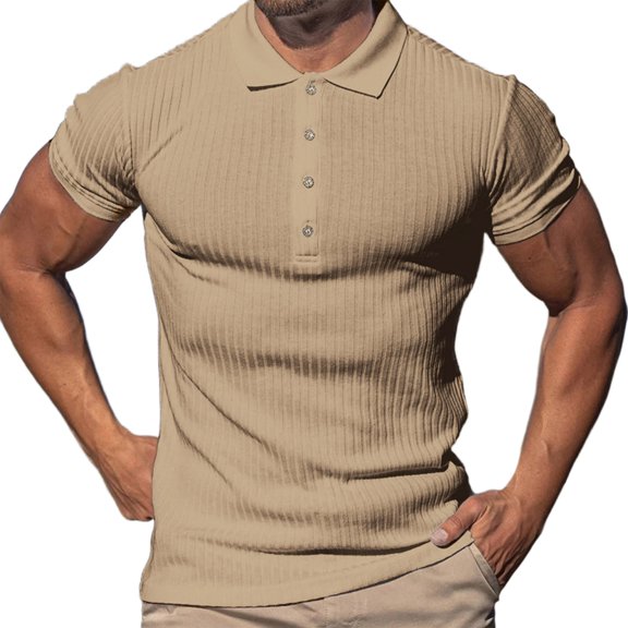 Generic Collared Muscle Polo Shirts Men Slim Fit Textured Knit Polo Shirts Short Sleeve Button Down Shirts