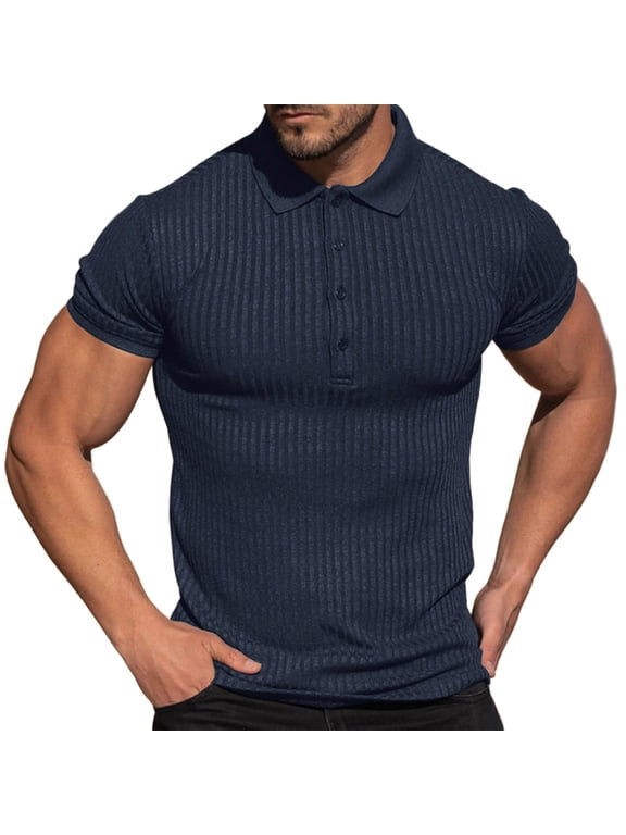 Collared Muscle Polo Shirts Men Slim Fit Textured Knit Polo Shirts Short Sleeve Button Down Shirts