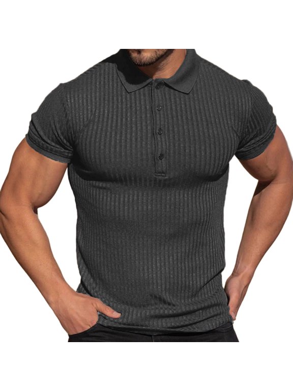 Collared Muscle Polo Shirts Men Slim Fit Textured Knit Polo Shirts Short Sleeve Button Down Shirts