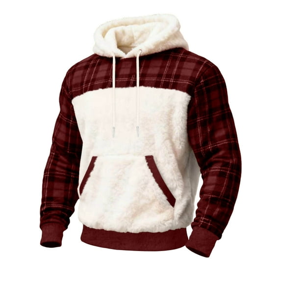 Generic Color Block Christmas Sweatshirt for Men Sherpa Fleece Xmas Warm Hoodie Comfy Soft Fashion Pullover Tops