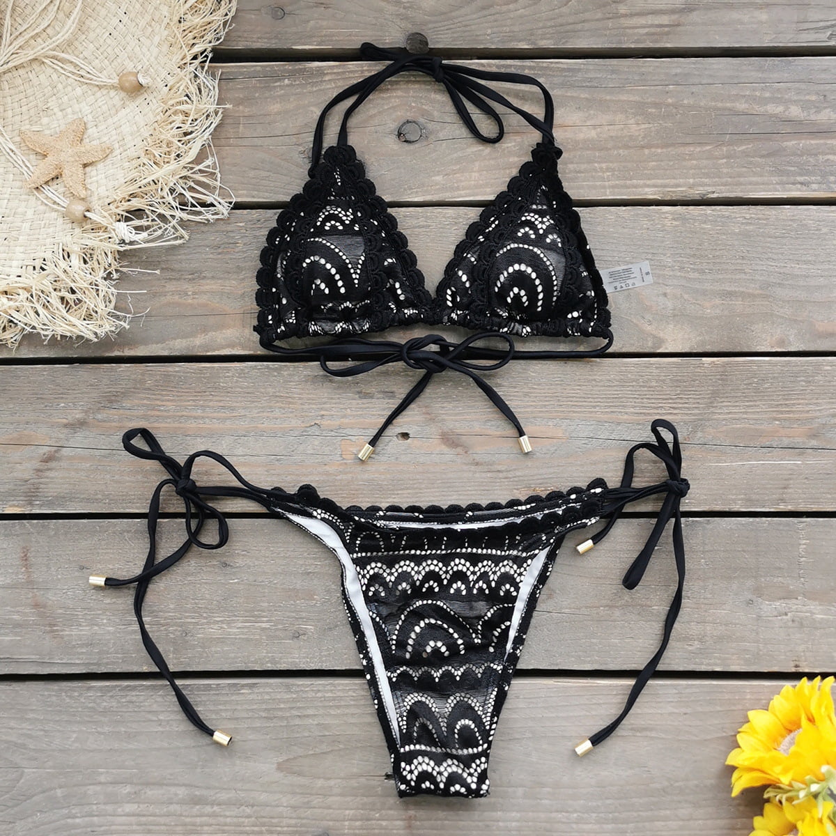 Sexy Bikini Solid Color Lace Up Pearl Swimsuit Split Swimsuit