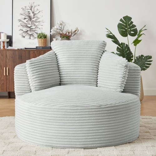 Generic Compressible Corduroy Round Chair with Cushioned Backrest, Modern Comfort Seating for Living Room, Office & Apartment, No-Swivel Design,LIGHT GREY