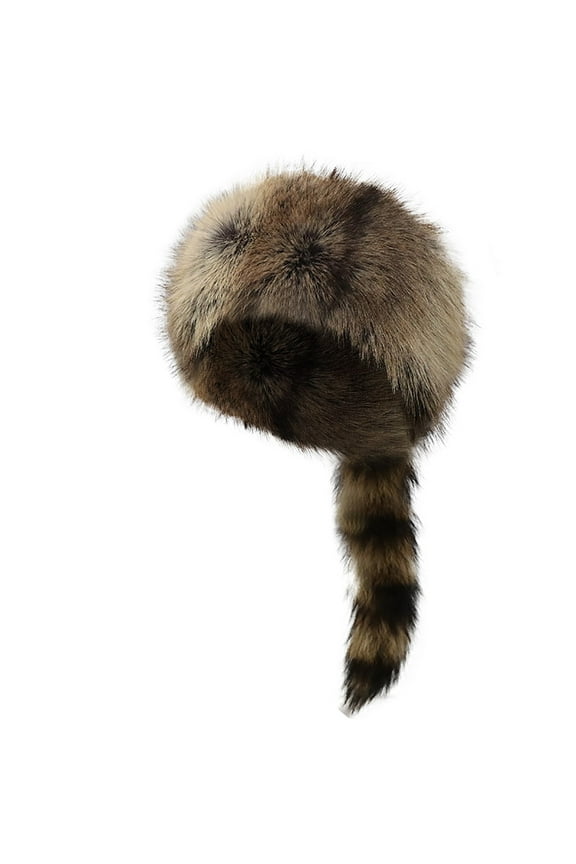 Generic Cossack Style Faux Fur Raccoon Tail Coonskin Cap, Round Flat Top Boone Hat Raccoon Tail Hats for Winter Women Hat Coonskin Hat For Children Plush Light Brown Tail Cap