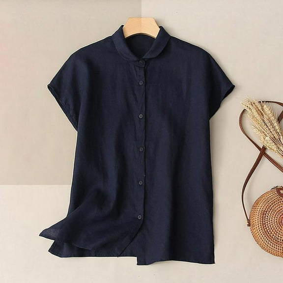 Generic Cotton Linen Shirt for Women Solid Summer Button Down Collared Beach T Shirts Casual Trendy Tunic Tops