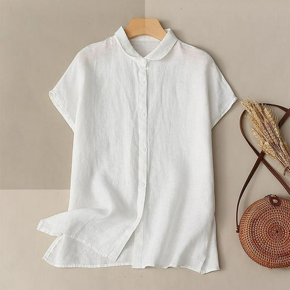 Generic Cotton Linen Shirt for Women Solid Summer Button Down Collared Beach T Shirts Casual Trendy Tunic Tops