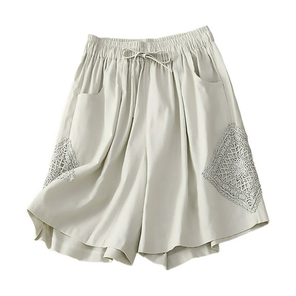 Generic Cotton Linen Shorts for Women Knee Length Elastic Waist Stretchy Short Casual Summer Comfy Solid Lounge Shorts