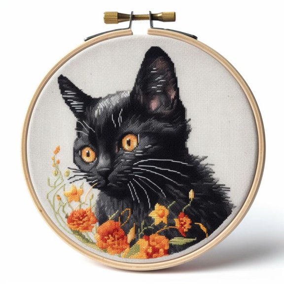Generic Counted Easy Cross Stitch Kits Black Kitten Color Stamped Embroidery for Starter Kits DIY 11CT Stamped Patterns Embroidery Needlework Kit Supplies 12 Inch Hoop Included(171-A)