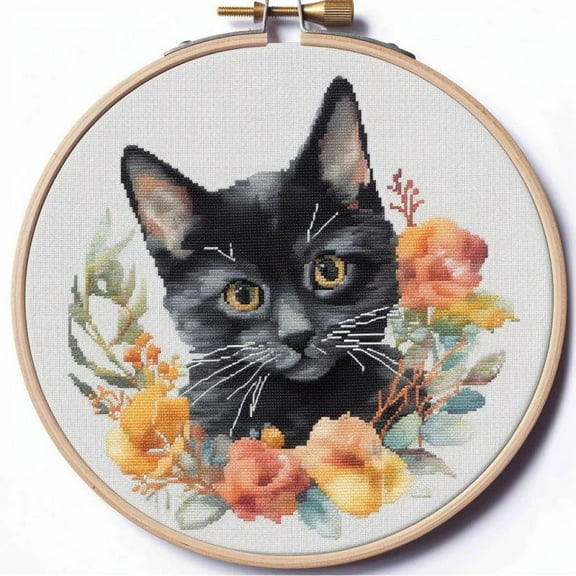 Generic Counted Easy Cross Stitch Kits Black Kitten Color Stamped Embroidery for Starter Kits DIY 11CT Stamped Patterns Embroidery Needlework Kit Supplies 12 Inch Hoop Included(170-A)