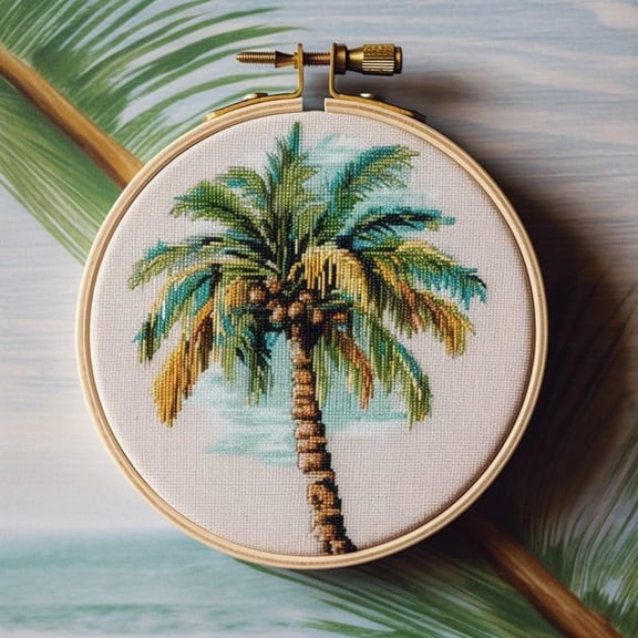 Generic Counted Easy Cross Stitch Kits Coconut Tree Color Stamped Embroidery for Starter Kits DIY 11CT Stamped Patterns Embroidery Needlework Kit Supplies 12 Inch Hoop Included(39-E)