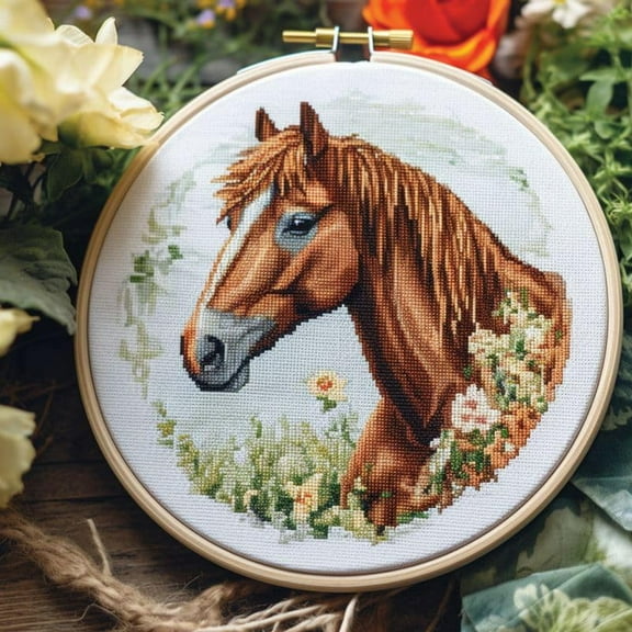 Generic Counted Easy Cross Stitch Kits Farm Horse Color Stamped Embroidery for Starter Kits DIY 11CT Stamped Patterns Embroidery Needlework Kit Supplies 12 Inch Hoop Included(54-E), ZGF-XIUPE 67DK53