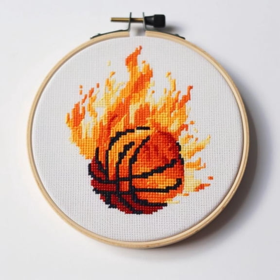 Generic Counted Easy Cross Stitch Kits Fire Basketball Color Stamped Embroidery for Starter Kits DIY 11CT Stamped Patterns Embroidery Needlework Kit Supplies 12 Inch Hoop Included(64-A)