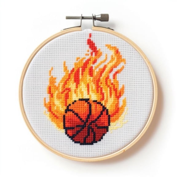Generic Counted Easy Cross Stitch Kits Fire Basketball Color Stamped Embroidery for Starter Kits DIY 11CT Stamped Patterns Embroidery Needlework Kit Supplies 12 Inch Hoop Included(63-A)