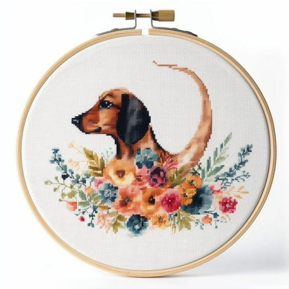 Generic Counted Easy Cross Stitch Kits Flower Dachshund Color Stamped Embroidery for Starter Kits DIY 11CT Stamped Patterns Embroidery Needlework Kit Supplies 12 Inch Hoop Included(43-A)