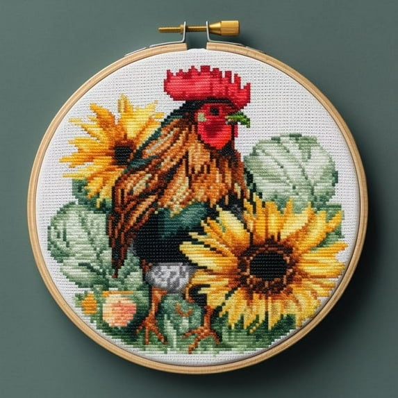 Generic Counted Easy Cross Stitch Kits Flowers Rooster Color Stamped Embroidery for Starter Kits DIY 11CT Stamped Patterns Embroidery Needlework Kit Supplies 12 Inch Hoop Included(77-f)