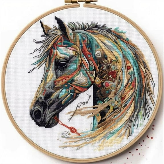 Generic Counted Easy Cross Stitch Kits Geometry Horse Color Stamped Embroidery for Starter Kits DIY 11CT Stamped Patterns Embroidery Needlework Kit Supplies 12 Inch Hoop Included(96-E)