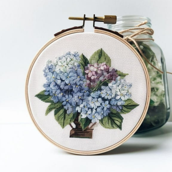 Generic Counted Easy Cross Stitch Kits Hydrangea Flowers Color Stamped Embroidery for Starter Kits DIY 11CT Stamped Patterns Embroidery Needlework Kit Supplies 12 Inch Hoop Included(91-A)
