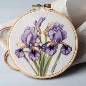 Generic Counted Easy Cross Stitch Kits Iris Flowers Color Stamped Embroidery for Starter Kits DIY 11CT Stamped Patterns Embroidery Needlework Kit Supplies 12 Inch Hoop Included(95-A)