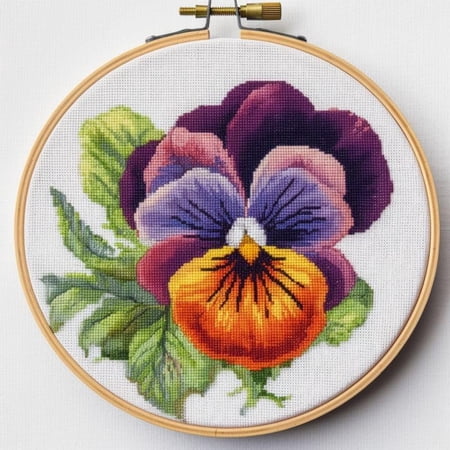 Generic Counted Easy Cross Stitch Kits Pansy Color Stamped Embroidery for Starter Kits DIY 11CT Stamped Patterns Embroidery Needlework Kit Supplies 12 Inch Hoop Included(156-A)