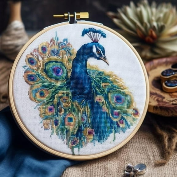 Generic Counted Easy Cross Stitch Kits Peacock Color Stamped Embroidery for Starter Kits DIY 11CT Stamped Patterns Embroidery Needlework Kit Supplies 12 Inch Hoop Included(122-P), ZGF-XIUP DK122