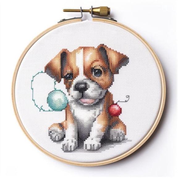 Generic Counted Easy Cross Stitch Kits Puppy Dog Color Stamped Embroidery for Starter Kits DIY 11CT Stamped Patterns Embroidery Needlework Kit Supplies 12 Inch Hoop Included(119-A)