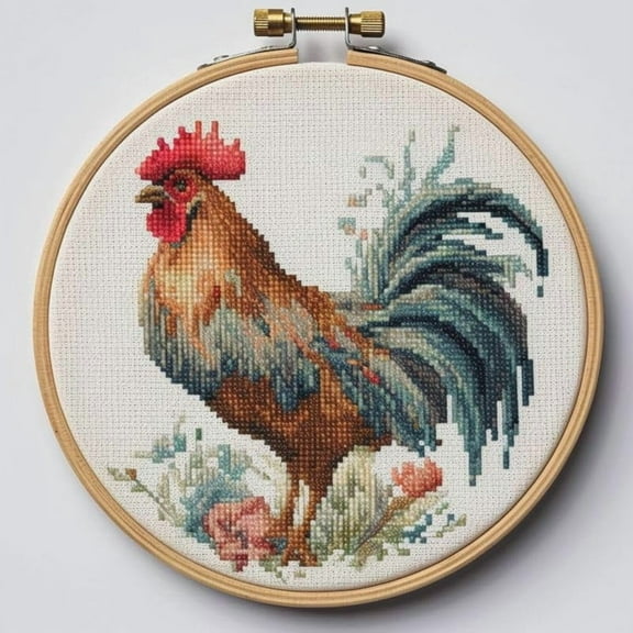 Generic Counted Easy Cross Stitch Kits Rooster Color Stamped Embroidery for Starter Kits DIY 11CT Stamped Patterns Embroidery Needlework Kit Supplies 12 Inch Hoop Included(62-E), ZGF-XIUPE 67DK61