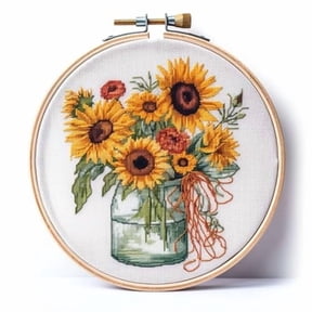 Generic Counted Easy Cross Stitch Kits Sunflowers in Vase Color Stamped Embroidery for Starter Kits DIY 11CT Stamped Patterns Embroidery Needlework Kit Supplies 12 Inch Hoop Included(137-A)