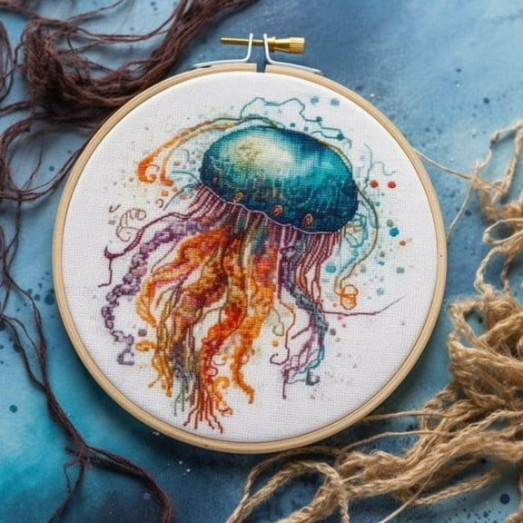 Generic Counted Easy Cross Stitch Kits Watercolor Jellyfish Color Stamped Embroidery for Starter Kits DIY 11CT Stamped Patterns Embroidery Needlework Kit Supplies 12 Inch Hoop Included(154-A)