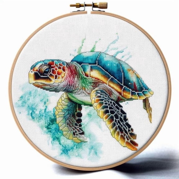 Generic Counted Easy Cross Stitch Kits Watercolor Turtle Color Stamped Embroidery for Starter Kits DIY 11CT Stamped Patterns Embroidery Needlework Kit Supplies 12 Inch Hoop Included(161-A)