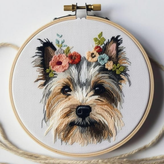 Generic Counted Easy Cross Stitch Kits Yorkshire Terrier Color Stamped Embroidery for Starter Kits DIY 11CT Stamped Patterns Embroidery Needlework Kit Supplies 12 Inch Hoop Included(175-A)
