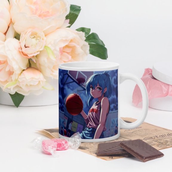 Generic Court Dreams 11 oz White Ceramic Mug, Anime Basketball Prodigy, Blue-Haired Boy