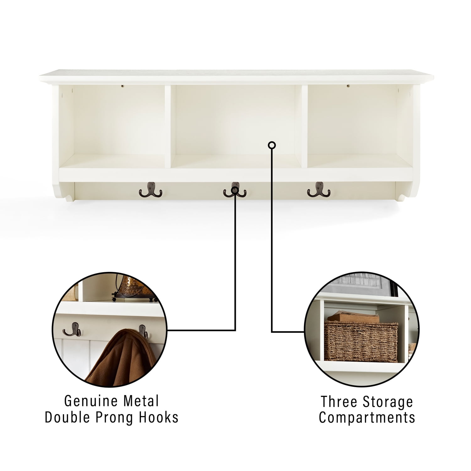 Elegant White Entryway Key/Mail Organizer with Cubbies and Hooks