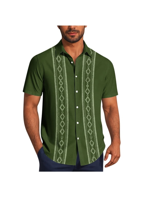 Cuban Guayabera Shirts for Men Short Sleeve Casual Button Down Shirt Band Collar Beach Camp Mexican Shirt