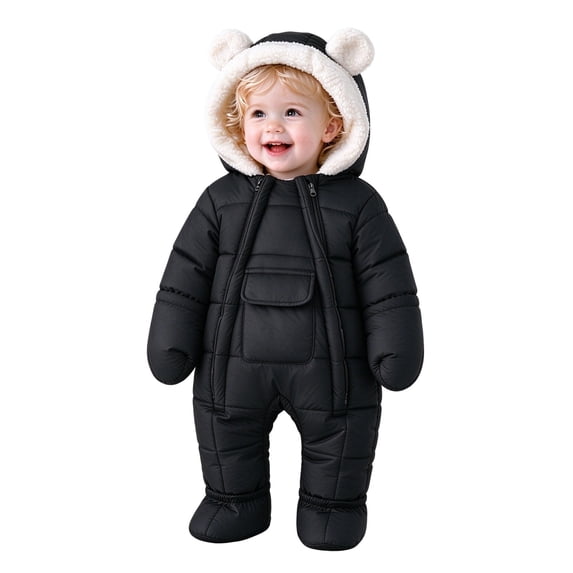Generic Cute Bear Ear Hood Snowsuit Baby Kids Sherpa Lined Footed Warm ...