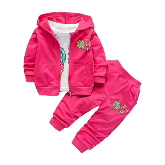 Generic Cute Outfits for Young Toddler Children's Clothes Baby Girl Long Sleeve Lollipop Print Long Sleeve T Shirt Top Coat Trousers 3 Piece Set Thick Hoodie Pants Set
