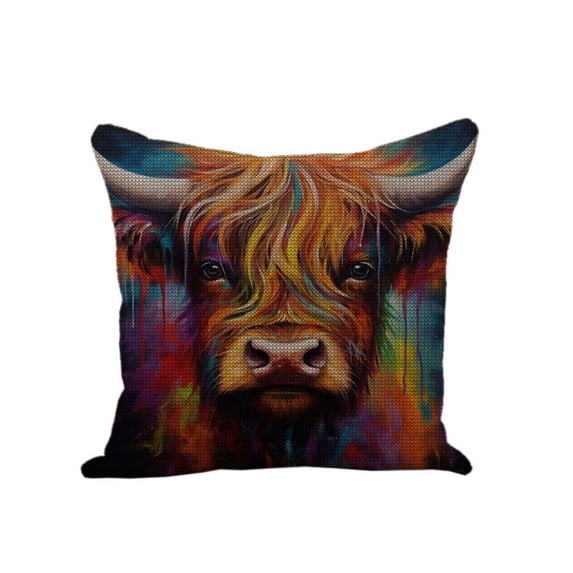 Generic DIY Rainbow Hair Highland Cattle Cow Stamped Cross Stitch Pillow Kits Embroidery Pillowcase 11CT Counted Needlepoint Handmade Cushion Cover Home Sofa Christmas Decoration 18x18inch(2)