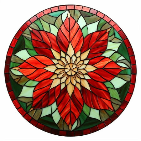 Generic DIY Stamped Cross Stitch Kits Stained Glass Red Christmas Poinsettia Circle Shape Beginners Easy 11CT Needlepoint Embroidery Counted Cross Stitch Kits Art Craft Wall Decor 35x35cm(12)