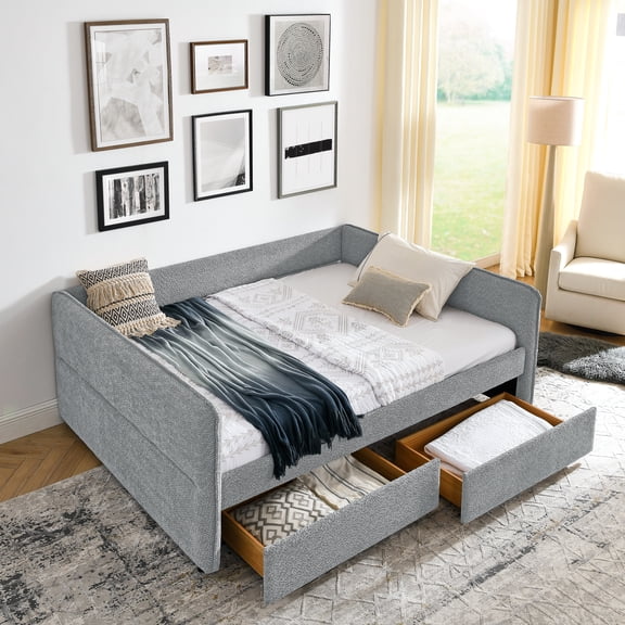 Generic Daybed with Trundle Upholstered Tufted Sofa Bed, with Two Drawers, Queen Size, Boucle Fabric, Grey