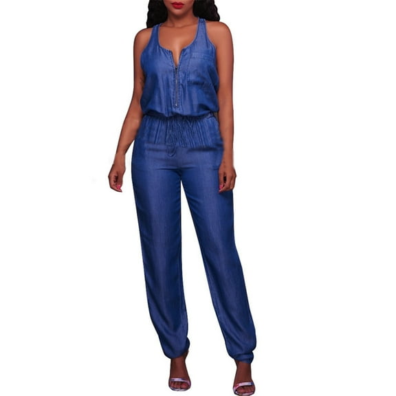 Generic Denim Jumpsuit for Women Sexy Slim Fit Zipper Sleeveless V-Neck High Waist Fashion Jean Pants Rompers