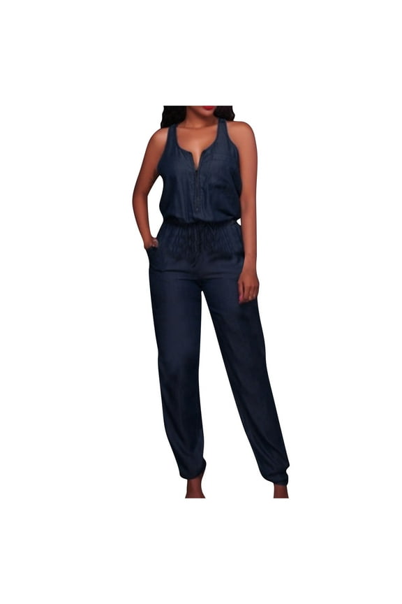 Denim Jumpsuit for Women Sexy Slim Fit Zipper Sleeveless V-Neck High Waist Fashion Jean Pants Rompers