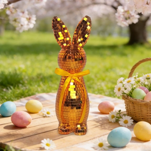 Generic Disco Ball Easter Bunny Gold Mirror Mosaic Rabbit Figurine with Ribbon Bow Party Decoration Shiny Glitter Table Centerpiece Home Decor Gift