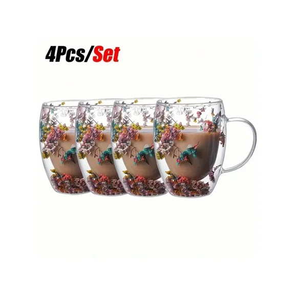Generic Double Wall Glass Coffee Mugs with Dried Flowers, Heat Insulated 12oz Espresso Cups, Borosilicate Glass Floral Clear Drinkware, 4-Piece Set, Multicolored Floral