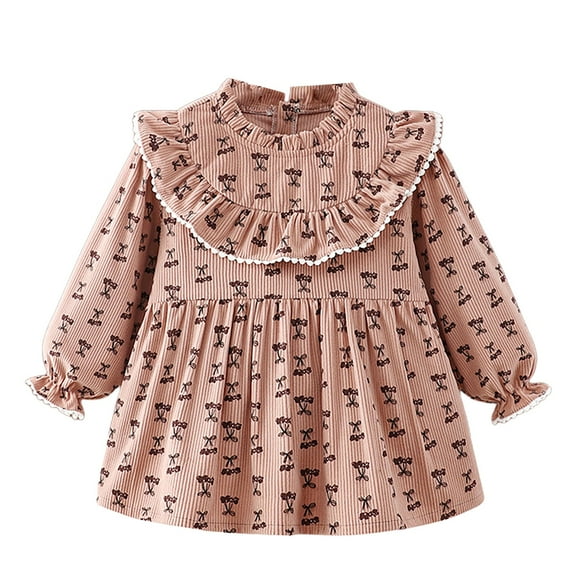 Generic Dress Girl Baby Autumn and Winter Outside To Wear Cute Girl Skirt Apron for Dinner Outfit Long Sleeve Ruffle Romper Plaid Bow Skirt Set (1-2 Years,Pink)