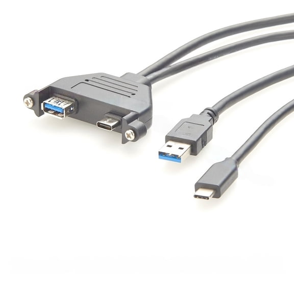Generic Dual Ports USB 3.0 and USB Type C 3.1 Male to Female Extension Cable 10Gbps Combo Screw Flush Panel Mount Charging & Data Cable